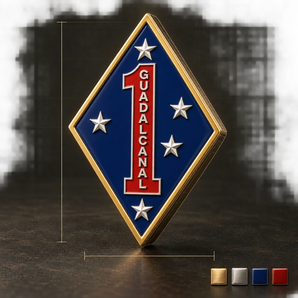 AI-generated dimensional concept study of the 1st Marine Division cufflink, styled as a CAD visualization