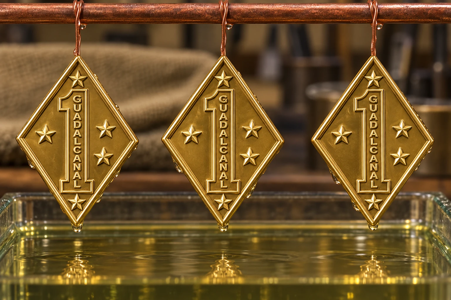 AI illustration of gold-tone 1st Marine Division cufflink faces with fine numeral outlines and raised letters in a plating bath