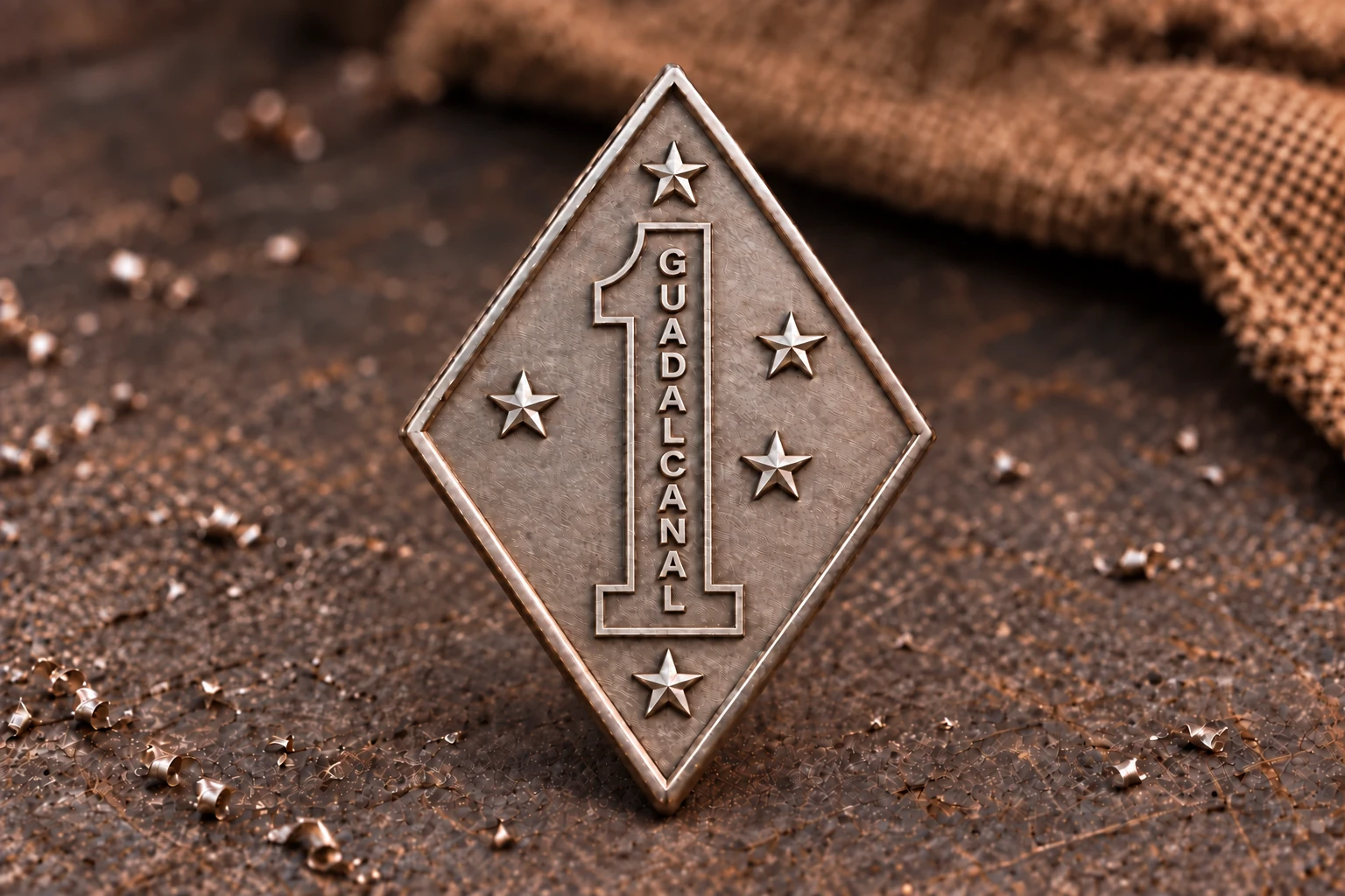 AI illustration of a raw, uncolored 1st Marine Division cufflink face with a fine numeral outline and raised letters on a workshop bench